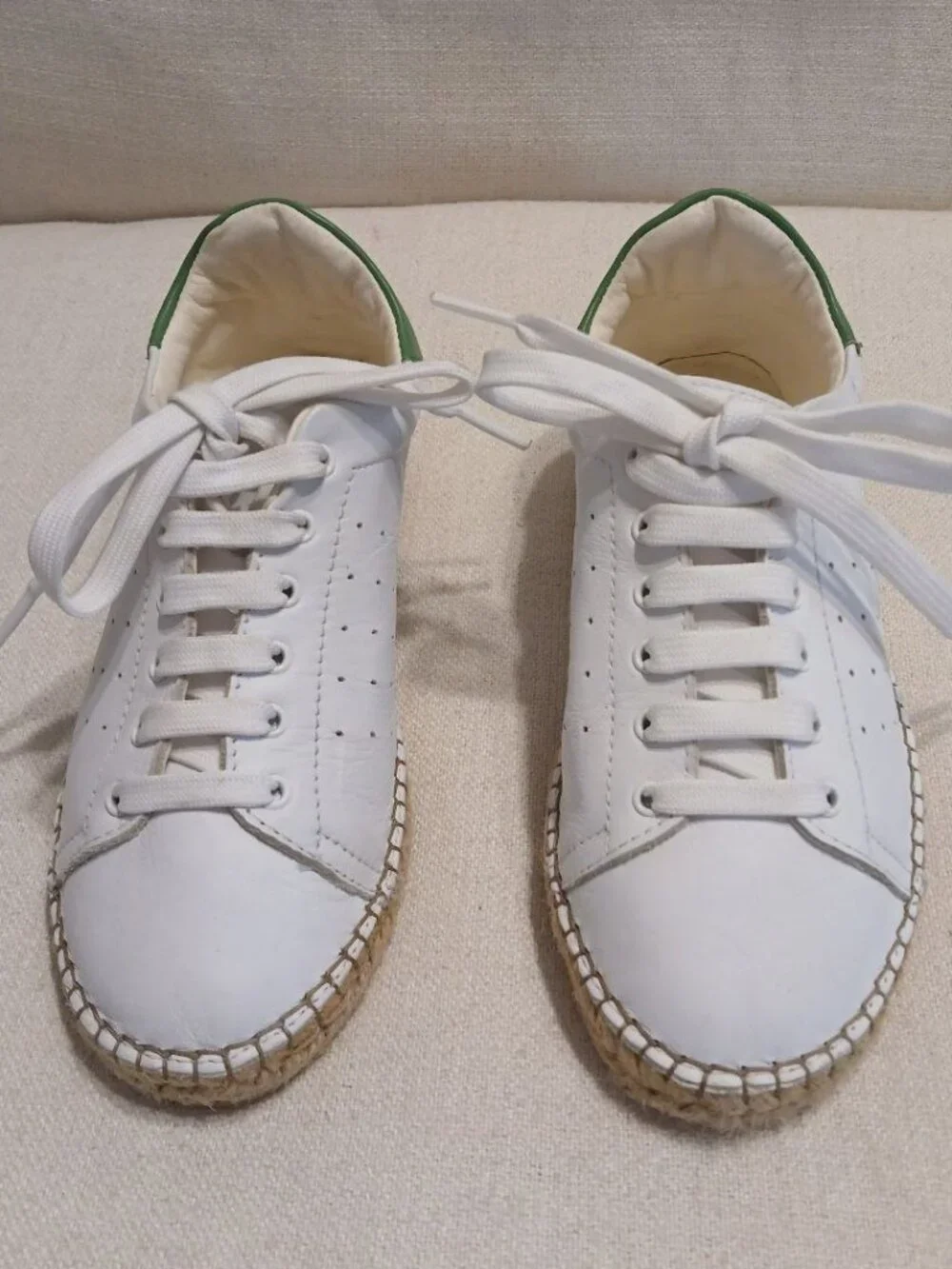 Andrew Stevens Made in Spa White Leather Espadrille Sneakers Green Heel Size 36